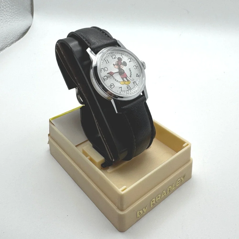 Vintage Mickey Mouse Wrist Watch Bradley‎ Time Division Black Leather Strap
